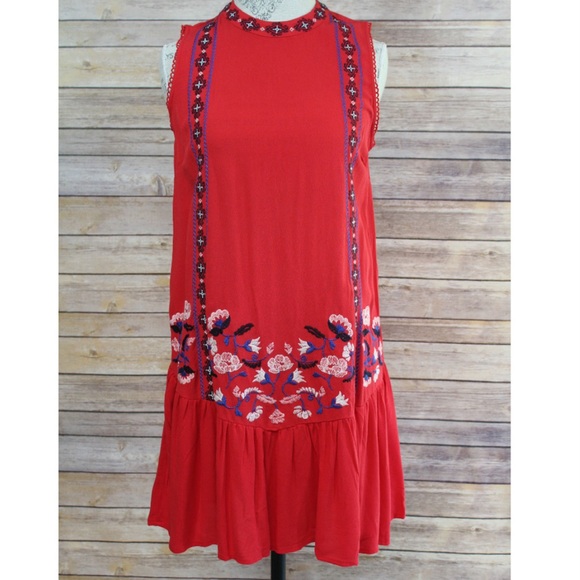 Red Drop Waist Embroidered Dress - Picture 1 of 6